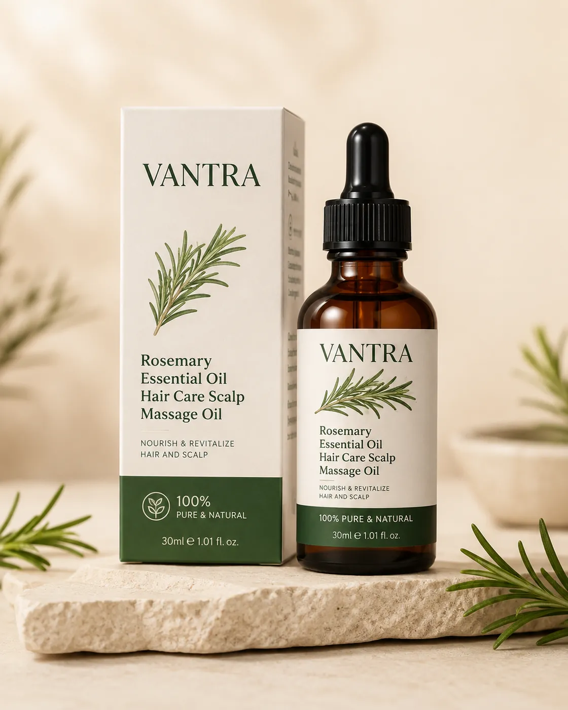 Vantra Rosemary Scalp Oil 30ml bottle standing beside its carton