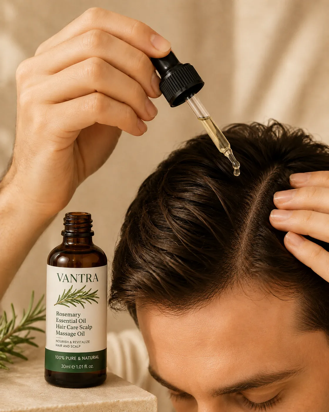 Applying Vantra Rosemary Scalp Oil with the dropper along a hair part
