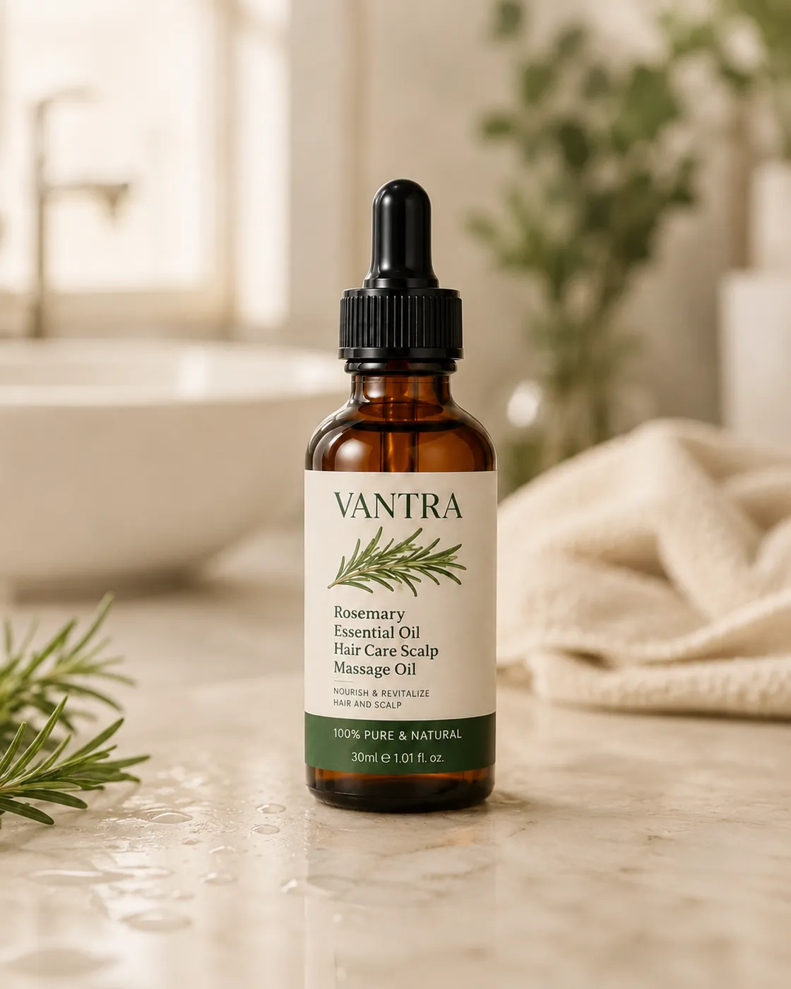 Vantra Rosemary Scalp Oil 30ml bottle on a marble bathroom counter with fresh rosemary