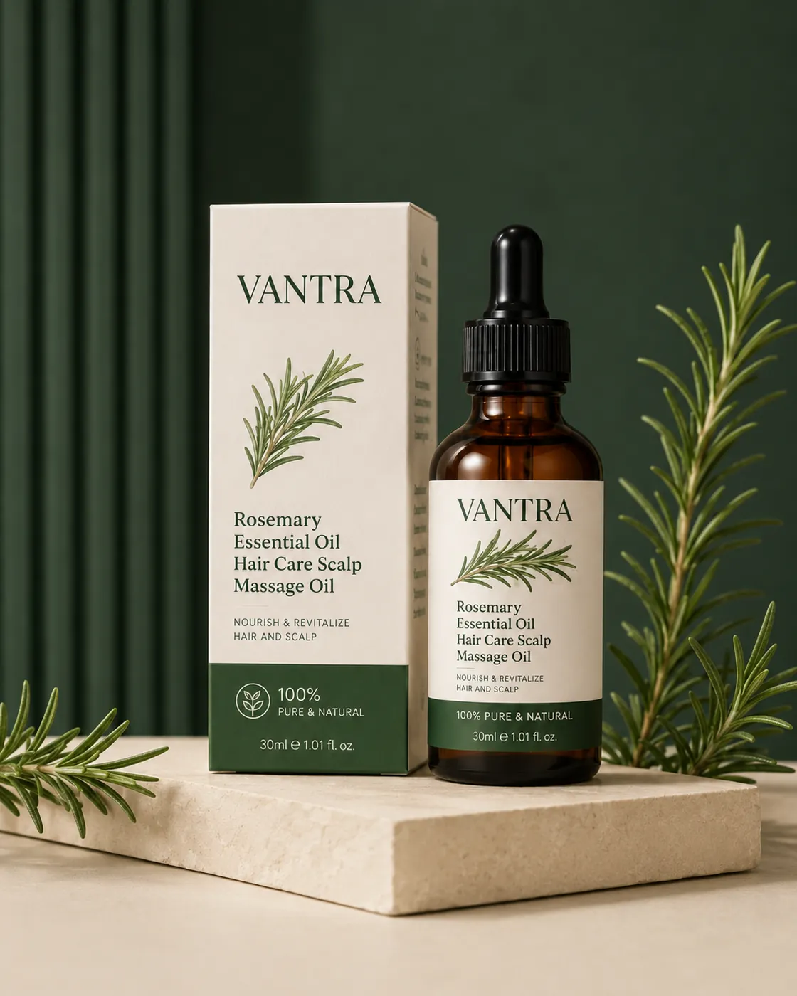 Vantra Rosemary Scalp Oil 30ml bottle and carton on a stone plinth with fresh rosemary